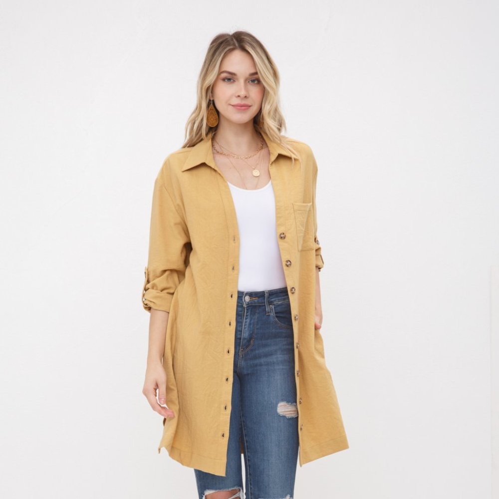 Light Corduroy Button Down Long Sleeve Shacket Dress